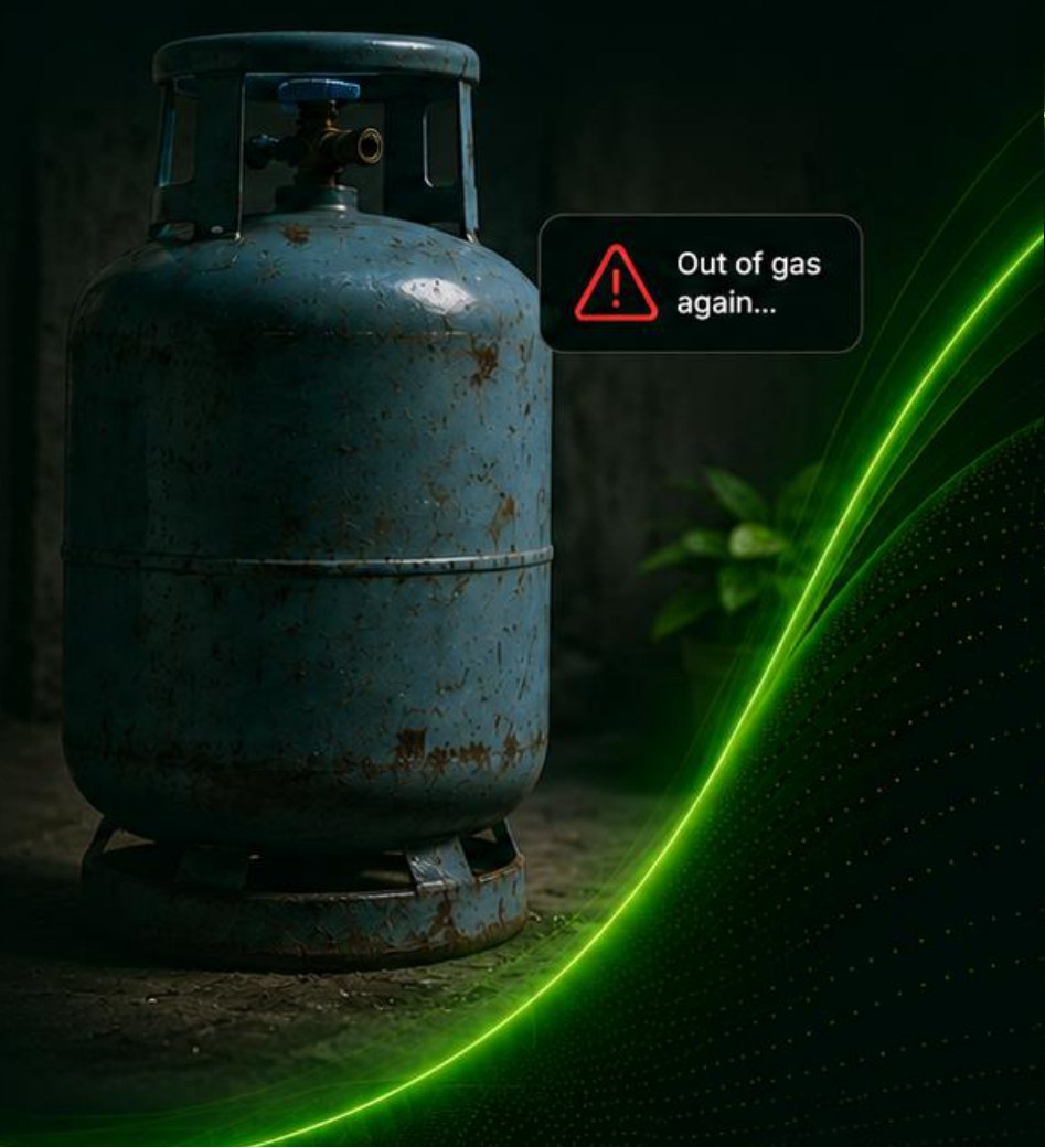 Old rusty gas cylinder with an 'Out of gas again' alert