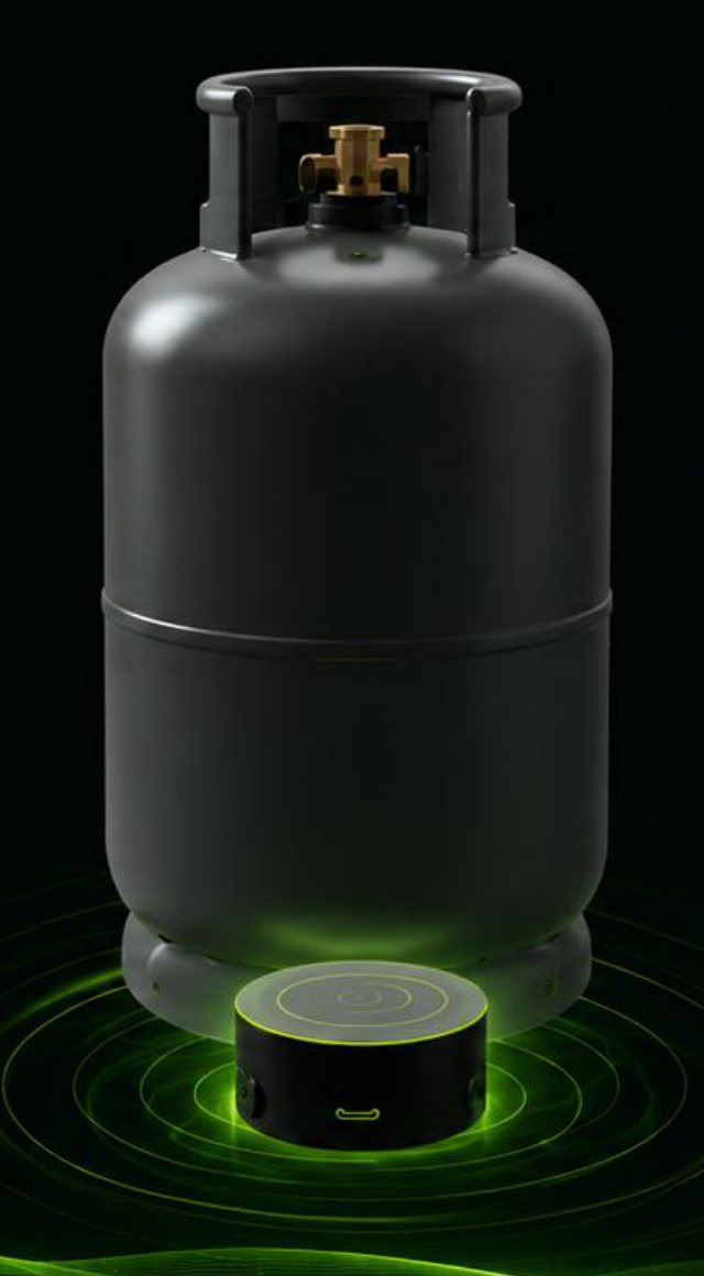 Gas cylinder sitting on the glowing GasDist smart sensor
