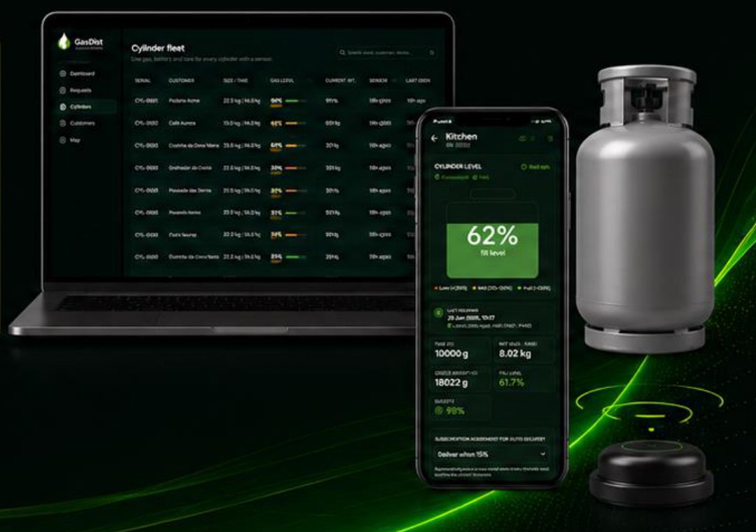 GasDist portal on a laptop, the mobile app and the smart sensor under a cylinder