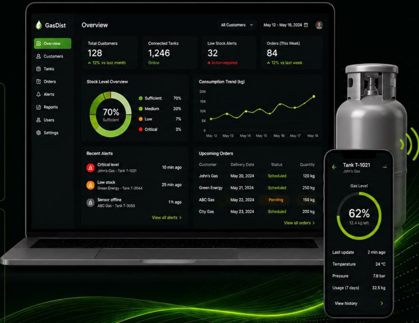 Distributor portal on a laptop next to the mobile app tank view